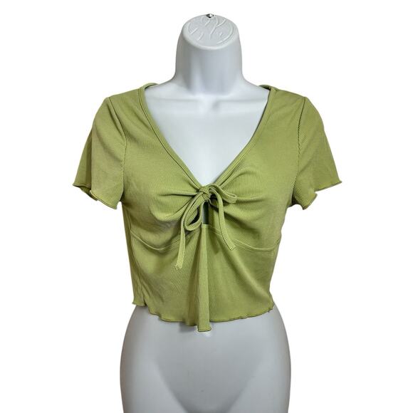 Shein Green Ribbed Crop Blouse Sz Large V-Neck Short Sleeve Top Retro Stretch - Picture 4 of 5